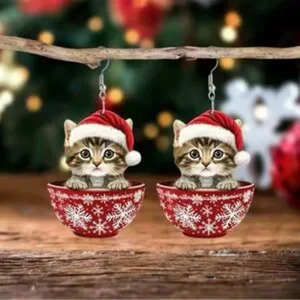 Cute 2D Kitten Christmas Earrings Snowflake Tea Cup Earrings